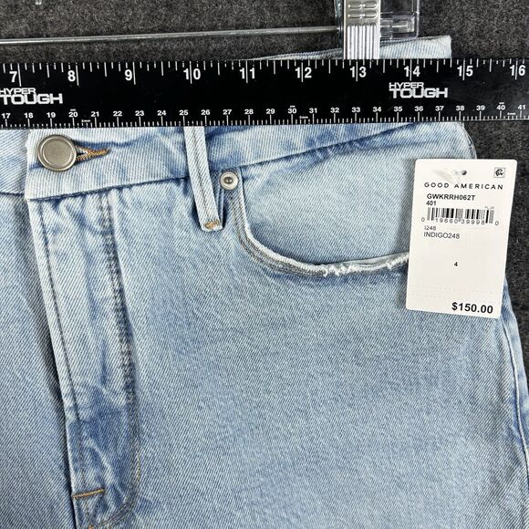 Good American The Weekender Jeans Women 4/27 Blue Straight Leg Raw Hem Indigo248 - Picture 9 of 14